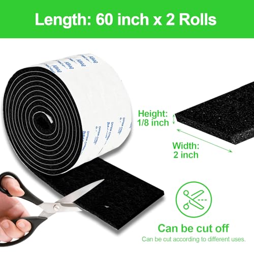 Felt Strips with Adhesive Backing, Adhesive Felt Strips, 2 Felt Rolls 2X 60 Inches Black, Felt Tape with Adhesive Backing, Furniture Felt Strips - size: 2 Rolls 2x60 inch