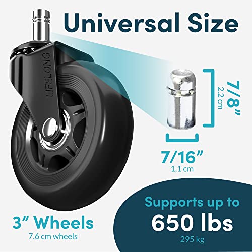 Lifelong Office Chair Wheels Replacement, Heavy Duty, 10-Pack Universal Fit - color: Black, size: 3 Inch