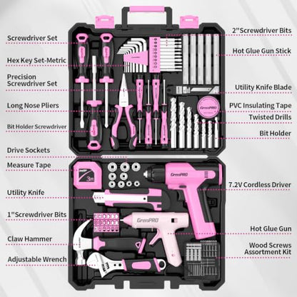 GRENPRO 188PCS Pink Cordless Drill Tool Set For Women Tool Kit For Home Box - style: Pink Power Drill Set 188PC