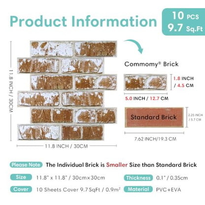 Commomy Faux Brick Wall Panels Peel and Stick Thin PVC 10 Pcs 11.8" x 11.8" - color: Brick-WP