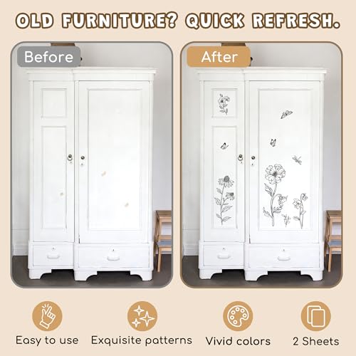 Joeyan Rub On Transfers for Crafts and Furniture, 2 Sheets Large Black White Line Floral Butterfly Rub on Stickers DIY Transfer Decals for Wood Glass Metal Canvas Porcelain Plastic Home Decor - style: Black White Line Floral