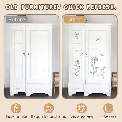 Joeyan Rub On Transfers for Crafts and Furniture, 2 Sheets Large Black White Line Floral Butterfly Rub on Stickers DIY Transfer Decals for Wood Glass Metal Canvas Porcelain Plastic Home Decor - style: Black White Line Floral