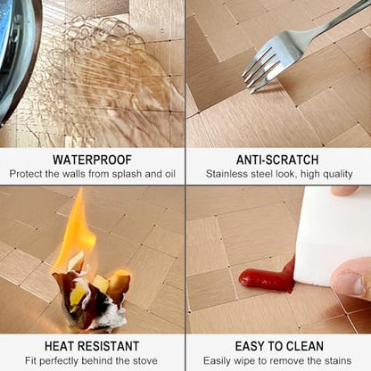 DICOFUN 10 Sheets Copper Peel and Stick Tile Backsplash, Stainless Steel Kitchen Metal Backsplash Tile, Stick on Backsplash for Stove, Brushed Gold - color: Brushed Aluminum Copper, size: 10 Sheets, 12"x12"x0.12"