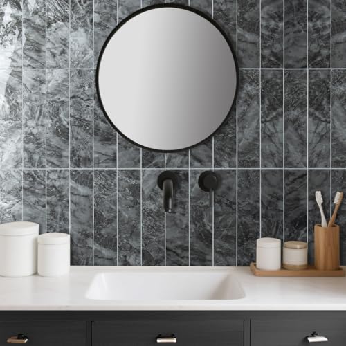 AULIGET 40-Piece Polished Dark Grey Marble Peel and Stick Backsplash Wall Tiles, 3" x 12" PVC Faux Stone Stick on Tiles for Backsplash Kitchen, Bathroom, Laundry Room, Camper, Fireplace - color: Polished Dark Grey Marble, size: 40 Pieces, 3"x12"x0.12"