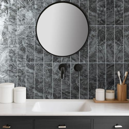AULIGET 40-Piece Polished Dark Grey Marble Peel and Stick Backsplash Wall Tiles, 3" x 12" PVC Faux Stone Stick on Tiles for Backsplash Kitchen, Bathroom, Laundry Room, Camper, Fireplace - color: Polished Dark Grey Marble, size: 40 Pieces, 3"x12"x0.12"