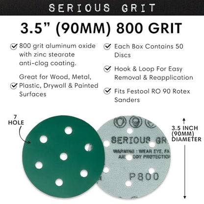 Serious Grit - 3.5" (90mm) 7-Hole P800 Grit Sanding Discs - 50 Pack Box - size: 800 Grit
