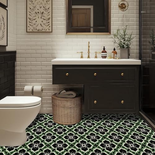 HOMETITUTE Green Black Floral Peel Stick Floor Tile 12x12 Vinyl - color: Green#1