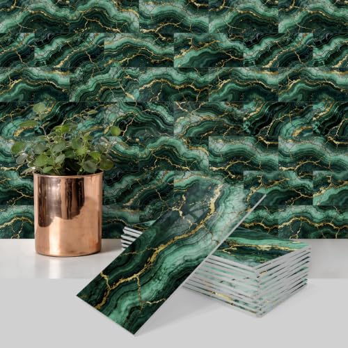 URCOLOR 102-Piece Peel and Stick Backsplash Tiles, 3" x 6" Green Gold Glossy Tile, Stick on Backsplash for Kitchen, Bathroom, Camper, Fireplace - color: Green Gold