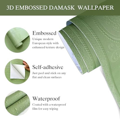 JiffDiff Green 3D Embossed Textured Peel Stick Wallpaper 17.3"x800" - color: Green, size: 17.3" x 800"
