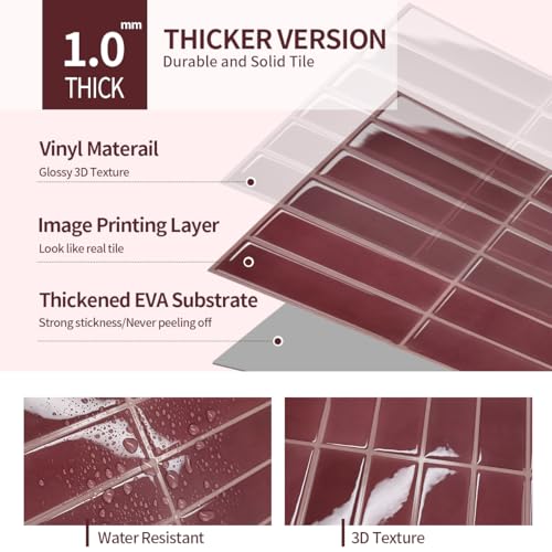 Peel and Stick Backsplash 3D Wall Tiles,Self-Adhesive,Oil Proof,Waterproof, Removable Wall Panels for Kitchen & Bathroom,Modern Design, Easy Install (10.7ft，12x9 inch,14 Pack) (Red) - color: Red