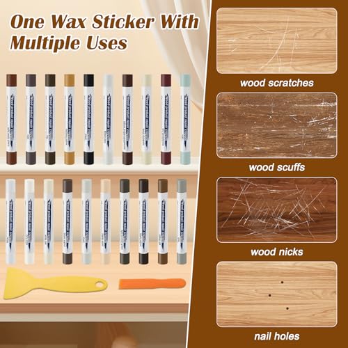 22 Wood Filler Sticks, Windspeed 20 Colos Wood Filler Putty Wax Crayons Furniture Repair Kit Putty Stick for Baseboard Cabinets Furniture Floors(with 2 Scrapers) (Wood Filler Sticks, 20, Count)