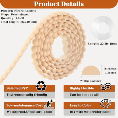 315" x 0.59" Flexible Decorative Bead Molding Trim Peel and Stick Paintable - color: Wood-4 Pcs