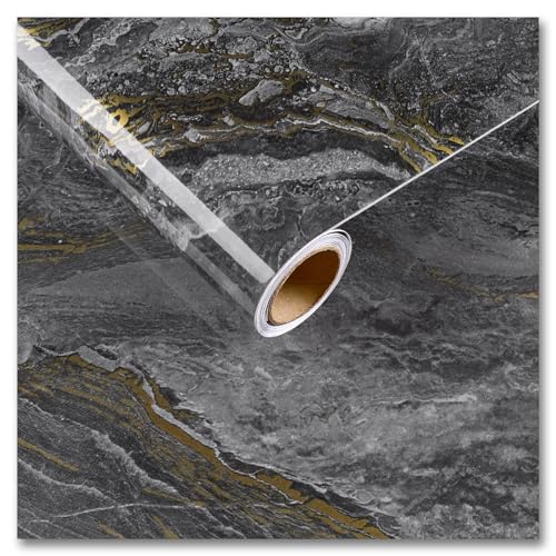 CRE8TIVE Dark Grey Gold Marble Contact Paper 12"x80" Glossy Slate Marble Wallpaper Peel and Stick Countertops Waterproof Self Adhesive Removable Wallpaper Marble Vinyl Wrap for Bathroom Cabinets Desks - color: Glossy Dark Grey Gold, size: 12" x 80"