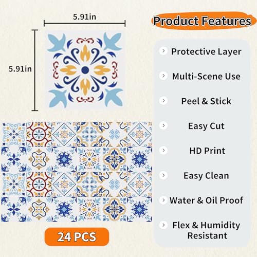 24Pcs Mexican Style PVC Peel and Stick Tile Stickers - color: Style B, size: 6x6 Inch