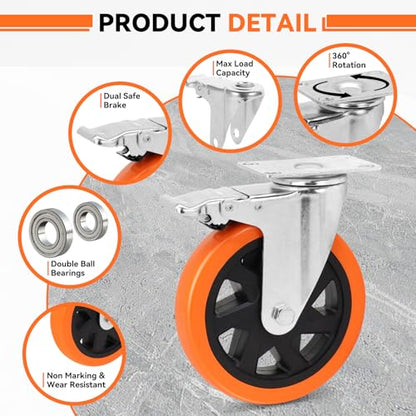 W B D WEIBIDA 6 inch Caster Wheels with Dual Locking, Casters Set of 4 Heavy Duty of 2400lbs, Premium Polyurethane No Noise Wheels for Cart, Workbench and Furniture - size: 6 INCH