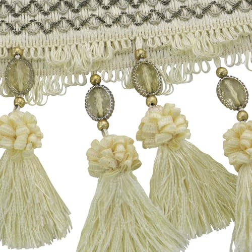 3yards Pom Pom Curtain Fringe Trim Beads Ball Tassel Trimming Sewing Ribbon Upholstery Fabric (Beige) - color: beige