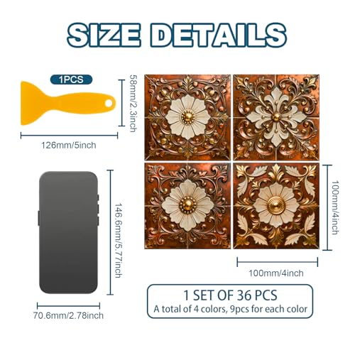 36 Pcs 4 Styles Brown Gold Patten Wall Tile Sticker, 4x4inch - color: Brown Gold Patten