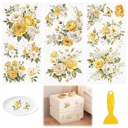 Flowers Rub On Transfers for Furniture and Crafts, 3pcs Yellow Rose Flowers Transfers Stickers Waterproof Decals for Bookcase Wardrobe DIY Home Door - color: Yellow Roses