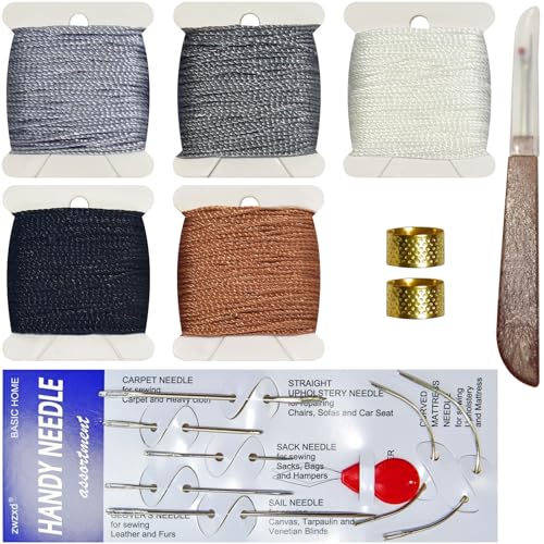Extra Strong Upholstery Repair Sewing Thread Kit Including 7 Styles of Leather Canvas Sewing Needles，1needle Threader,1seam Ripper,2thimbles and 5 Rolls Nylon Thread, 5 Colors，color2 - color: neutral tones