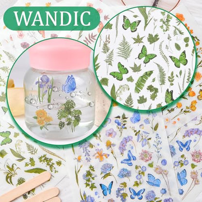 WANDIC 16 Sheets Rub On Transfer Stickers Set, 4 Styles Butterfly Flower Pattern Self Adhesive Stickers Blue Yellow Pink Green Decals for Scrapbook Journal,4 * 6in - style: Butterfly+Flower Theme