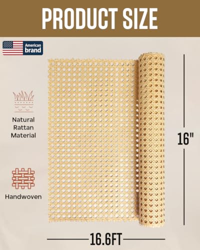 Glasaort 16" × 16.6Ft Width Natural Cane Webbing, Rattan Webbing Roll - size: 16" × 16.6Ft