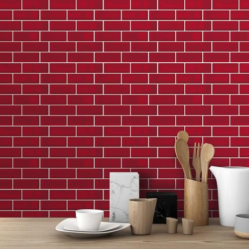 WALPLUS Premium 12 Sheets Peel and Stick Kitchen Backsplash Tile Stickers Self Adhesive Stick on Subway Tile 12" x 6" Bathroom Backsplash Water Heat Resistant 3D Wall Tiles Red Glossy - color: Red, size: 12" x 6"_12-SHEET