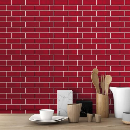 WALPLUS Premium 12 Sheets Peel and Stick Kitchen Backsplash Tile Stickers Self Adhesive Stick on Subway Tile 12" x 6" Bathroom Backsplash Water Heat Resistant 3D Wall Tiles Red Glossy - color: Red, size: 12" x 6"_12-SHEET