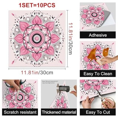 HOMETITUTE Pink Mandala Floral 12x12 Inch Peel Stick Vinyl Floor Tile - style: Pink Mandala
