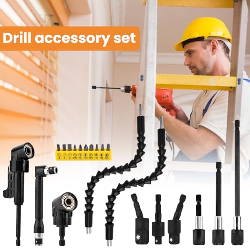21Pcs Right Angle Drill Attachment Set Include 2Pcs Flexible Drill Bit Extension 3Pcs 360° Rotatable Socket Adapter 2Pcs Hex Shank 105° Right Angle Attachment 10 Screwdriver Bits(COLOR:black)