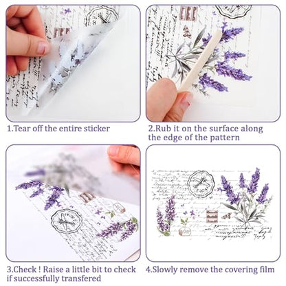 WANDIC 12 Sheets Retro Rub On Transfer Stickers,Lavender Decals Purple Flower Stickers Waterproof Decals Flower Stickers with Copywriting for Furniture Windows Craft Wall,12 * 6in - color: Purple Flower, size: 12 Sheets