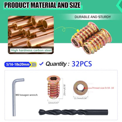 Twidec/32PCS 5/16"-18 Threaded Inserts for Wood Furniture Screw-in Nut Wood Inserts Bolt Assortment Kit with M8 Hex Wrench (5/16"-18 x20mm) - size: 5/16-18x20mm