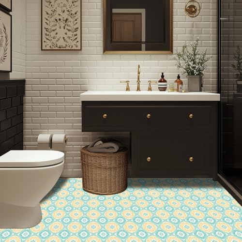 HOMETITUTE Mint Yellow Floral Peel and Stick, Tiles Tile Art Deco, 12"x12" - color: Turquoise, Yellow