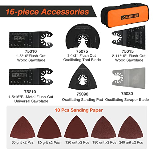 JORGENSEN Corded Oscillating Multi Tool, Variable Speed with 16 PCS Blades