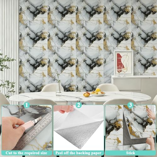 30pcs Marble Tiles, Peel and Stick Wall Tiles, Self-Adhesive PVC Marble Wall Panels, Waterproof 3D Peel and Stick Backsplash for Kitchen Bathroom and Living Room, 12 ×12 Inch