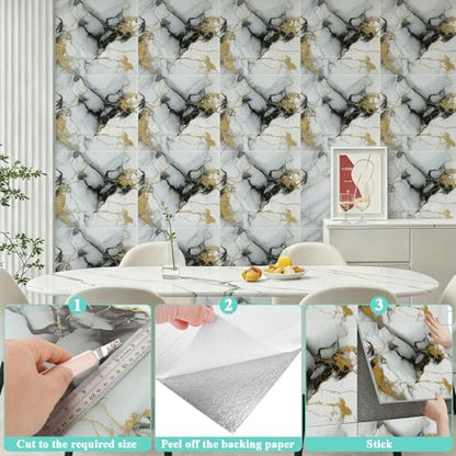 30pcs Marble Tiles, Peel and Stick Wall Tiles, Self-Adhesive PVC Marble Wall Panels, Waterproof 3D Peel and Stick Backsplash for Kitchen Bathroom and Living Room, 12 ×12 Inch