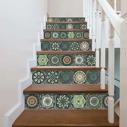 Easy Peel Stick Vinyl wall Tile Decals 6x6in Stick on backsplash,12Pc - color: Multi Color (Green Main Color) 6x6