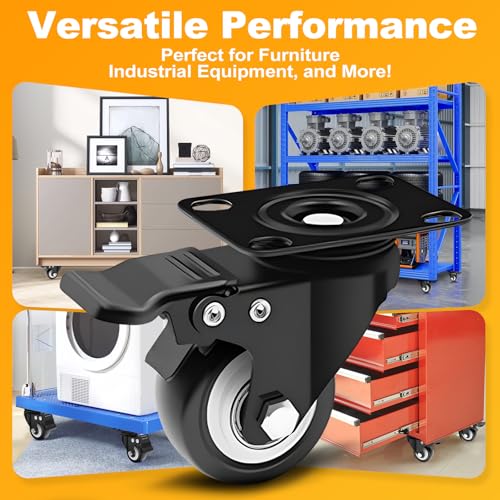 2" Black Caster Wheel Set of 4, Swivel Plate Casters with Brake - color: Black, size: 2 IN