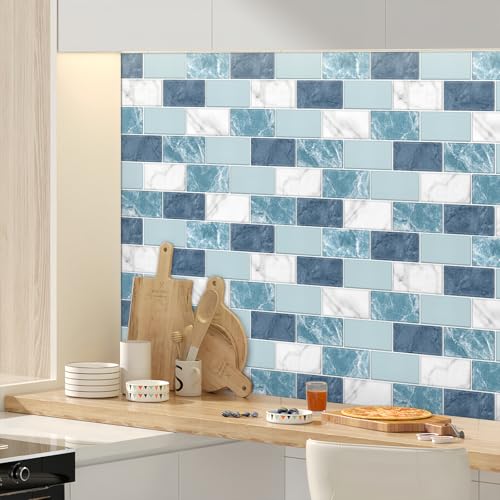10 Sheets Peel and Stick Backsplash for Kitchen 12"X12" Renter Friendly Backsplash Back Splash Adhesive Subway Wall for Bathroom Deep Ocean Blue Marble Mixed Tile Sticker（Not 3D Tile