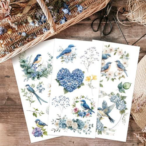 OLYCRAFT 3pcs/Set Blue Bird with Hydrangea Rub on Transfers for Furniture and Crafts 6x12 Inch Nature Theme Furniture Transfer Sticker Decals Transfer Stickers Rub on Decals for Furniture Home Decor - style: Blue Bird