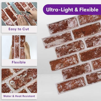 3D Peel and Stick Faux Brick Wall Panels 11.8" x 11.8" 10-Pack - color: Brick-SM-Q