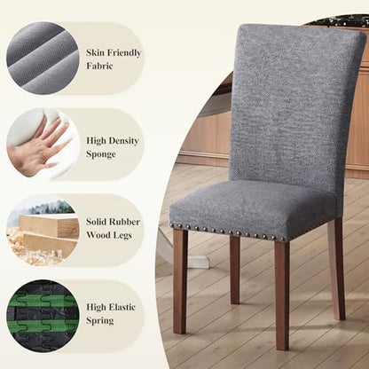 COLAMY Upholstered Parsons Dining Chairs Set of 6, Fabric Dining Room Kitchen Side Chair with Nailhead Trim and Wood Legs - Dark Grey - color: F-darkgrey, size: Set of 6