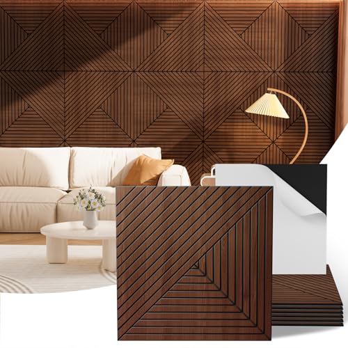 Acoustic Wall Panels, 6 Piece 23.62"X 23.62" PVC Peel and Stick Wall Panels - color: Walnut-Elysian Step Vortex, size: 72 X 48 Inches