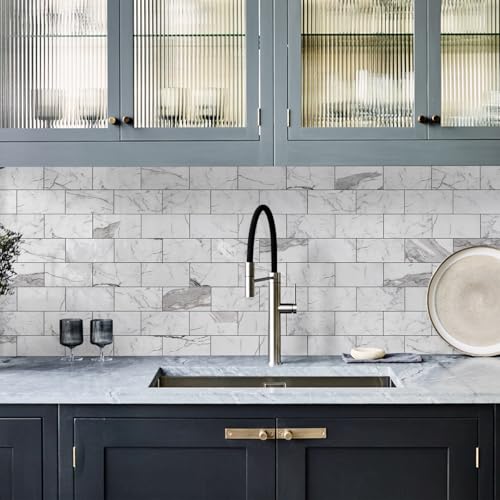 Vamos Tile 100-Piece Glossy Statury White Peel and Stick Backsplash Tile - color: Statury White with Dark Gray Grout
