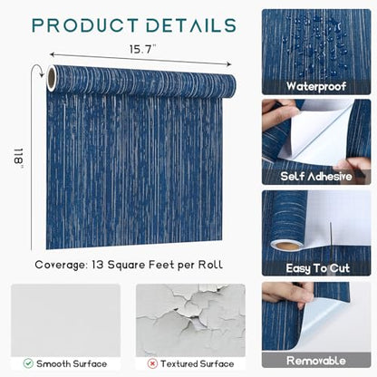 VEELIKE Indigo Blue Grasscloth Peel and Stick Wallpaper Textured Grasscloth Wallpaper Prepasted 15.7''x118'' Blue Grasscloth Contact Paper Removable Grass Cloth Wallpaper for Bedroom Bathroom - color: Indigo Blue, size: 15.7" x 118"