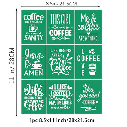 JAJADO Coffee Silk Screen Transfer Reusable Adhesive Stencils Coffee Quotes Reusable Silk Screen Stencils Chalk Paste Paint Stencil for Crafts on Wood/Fabric/Wall/Cup/Plate/Glass/Paper 8.5x11“ - color: Coffee Sayings 8.5x11 inch