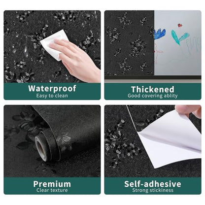 17.3"x590.5" Black Peel and Stick Wallpaper Modern Floral Contact Paper - color: Black, size: 17.3" x 590.5"