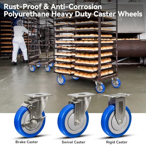 5" Stainless Steel Casters, Swivel Industrial Casters Set of 4 Heavy Duty, Anti-Corrosion Rust-Proof Plate Polyurethane Caster Wheels for Cart (4 Brake) - style: 4 Brake