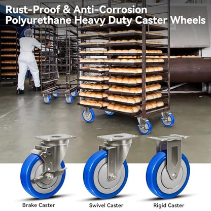 5" Stainless Steel Casters, Rigid Industrial Heavy Duty Casters, Anti-Corrosion Rust-Proof Plate Polyurethane Caster Wheels for Cart, Each Caster Load 350 lbs (12 Rigid) - style: 12 Rigid
