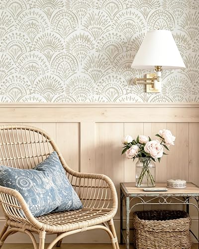 Safiyya Peel and Stick Wallpaper Boho Contact Paper 17.3"x 393" Beige and White Modern Wall Paper Self Adhesive Removable Wallpaper for Bedroom Vinyl Rolls - color: Beige and White, size: 17.3" x 393"
