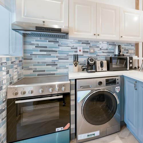 LONGKING Self-Adhesive Kitchen Backsplash, Marble Look Decorative Tiles (10 Tiles) - color: Blue